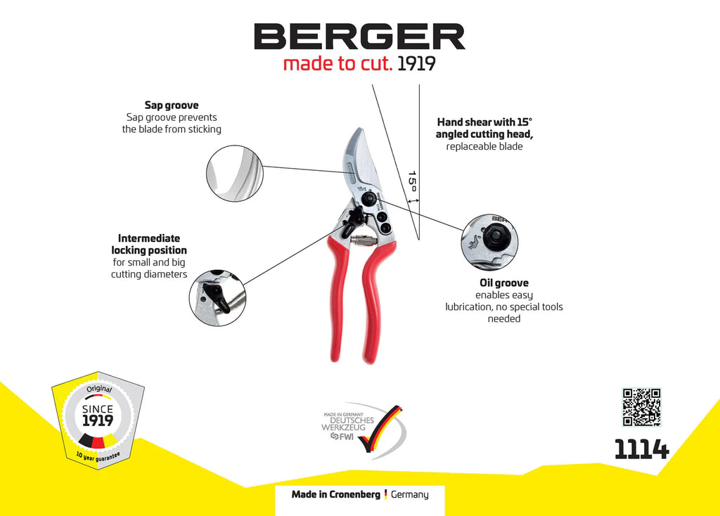 BERGER PROFESSIONAL PRUNING SECATEURS - ANGLED BLADE