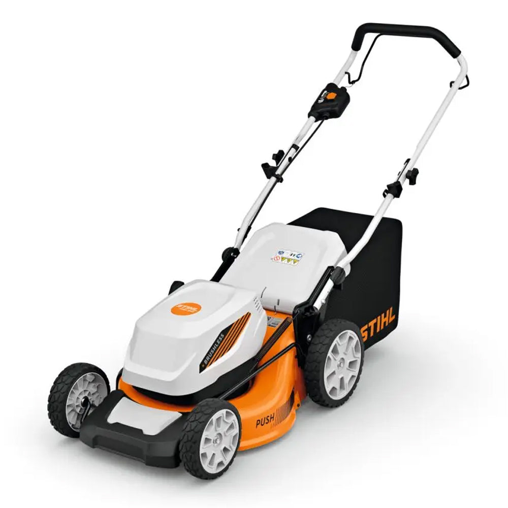 angle view of STIHL RMA 348 Battery Lawn Mower is a quiet, capable mower for medium-sized lawns, built for gardeners and landscapers who need efficient mowing with low maintenance and flexible cutting options. Available at Cannings.