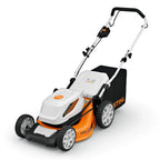 angle view of STIHL RMA 348 Battery Lawn Mower is a quiet, capable mower for medium-sized lawns, built for gardeners and landscapers who need efficient mowing with low maintenance and flexible cutting options. Available at Cannings.