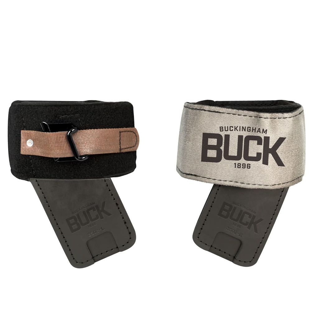 Hook-and-loop wrap pads with an angled steel insert that stops the shank chafing your leg. 3/4in cushioning, rolled edges, with cinch loop.