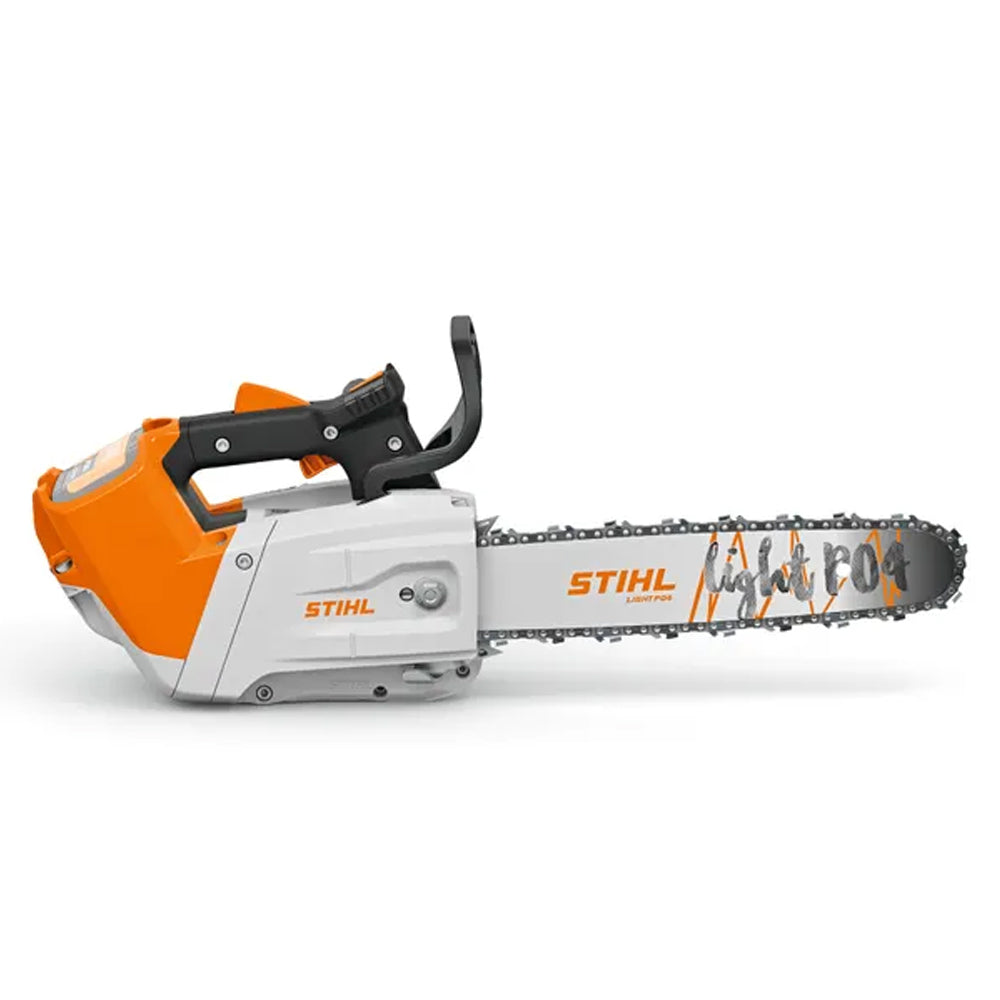 The STIHL MSA 220 T Battery Chainsaw is a high-performance top-handle saw for professional arborists and tree maintenance work. Available at Cannings. front view
