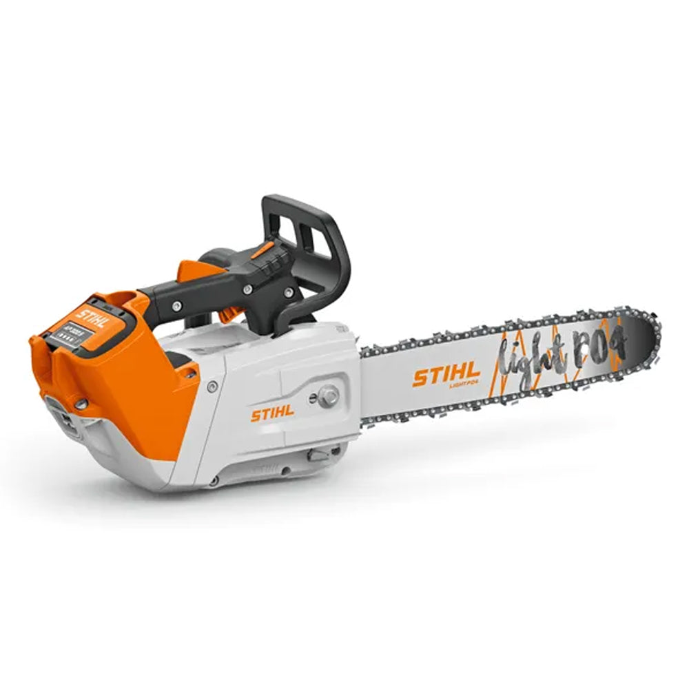 The STIHL MSA 220 T Battery Chainsaw is a high-performance top-handle saw for professional arborists and tree maintenance work. Available at Cannings. side view