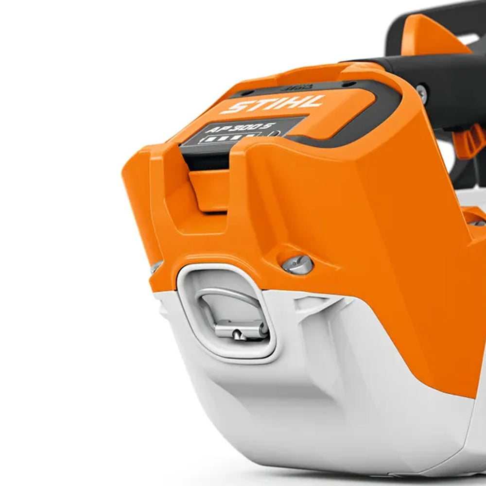 back view of The STIHL MSA 220 T Battery Chainsaw is a high-performance top-handle saw for professional arborists and tree maintenance work. Available at Cannings.