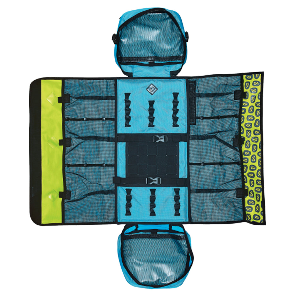 Courant Gear bag that opens fully flat so you can see every bit of kit at once. Adjustable mesh compartments, padded back and straps. 54L fresh blue open
