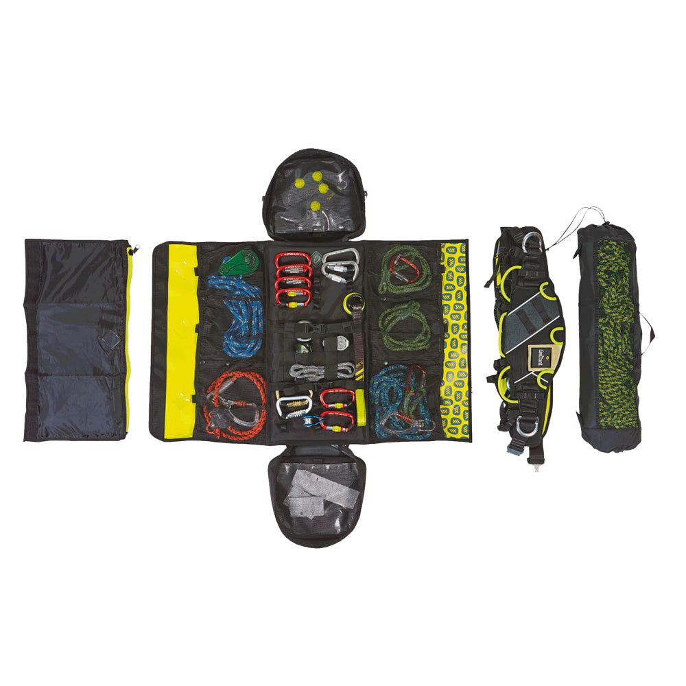 Courant Gear bag that opens fully flat so you can see every bit of kit at once. Adjustable mesh compartments, padded back and straps. 54L in four colours, or 75L. Flash lemon open