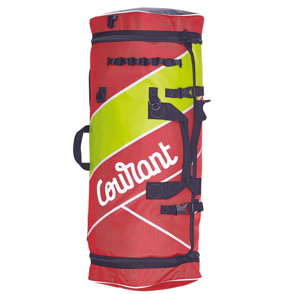 Courant Gear bag that opens fully flat so you can see every bit of kit at once. Adjustable mesh compartments, padded back and straps. 54L rescue red