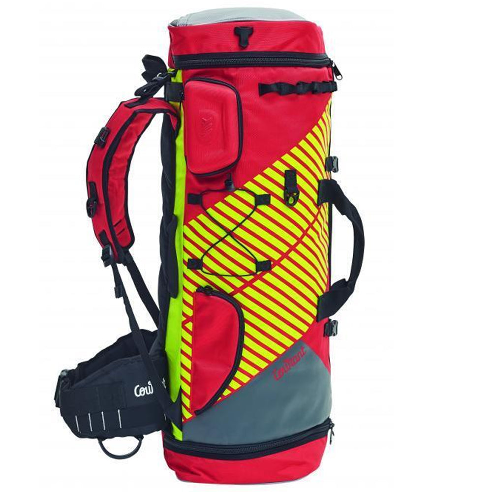Courant Gear bag that opens fully flat so you can see every bit of kit at once. Adjustable mesh compartments, padded back and straps. 75L red side
