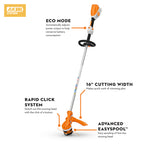 highlight features of STIHL FSA 70 R Battery Grass Trimmer AK System Kit A versatile battery grass trimmer kit with battery and charger for trimming, mowing and clean-up work. available at Cannings Melbourne Victoria 