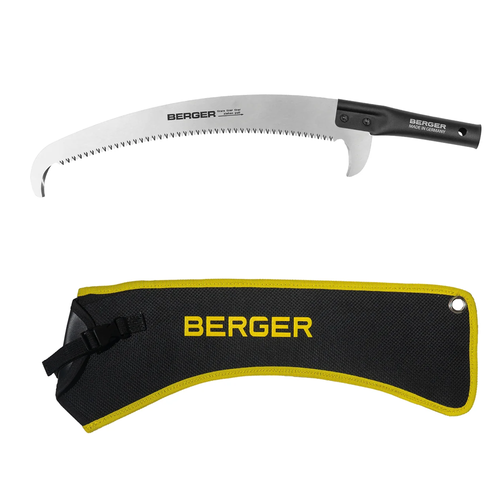 A curved Bergar hand saw with a black handle and silver blade, shown above its black and yellow sheath on a plain white background.