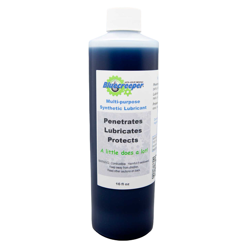A 16 fl oz bottle of Blue Creeper Multi-purpose Synthetic Lubricant, featuring a white cap and a white label with blue and green branding, set against a plain white background.