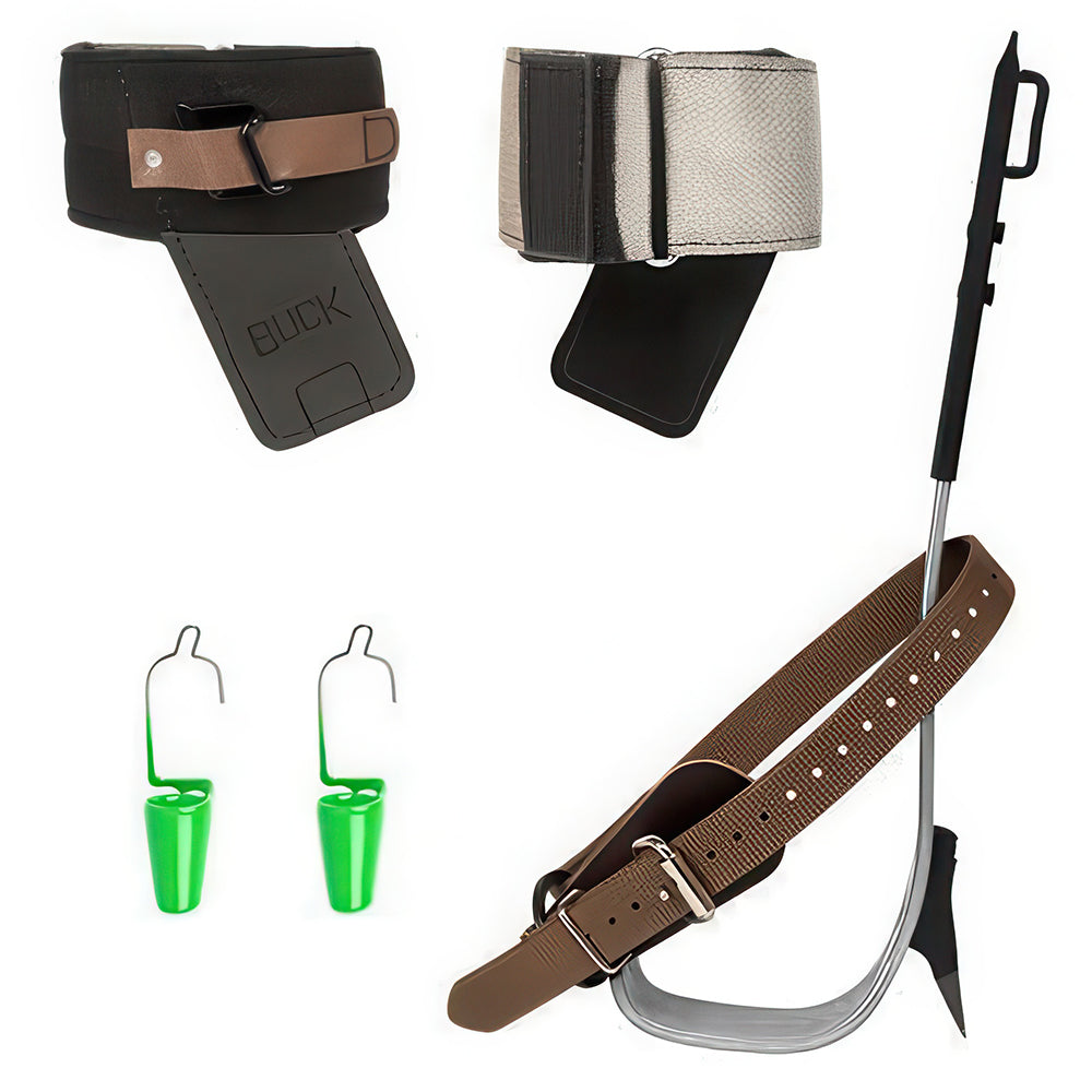 Steel pole climbers with 44mm replaceable gaffs, plus cinch-loop wrap pads and snap-on gaff guards. Contoured shanks, offset stirrups, rated to 159kg.