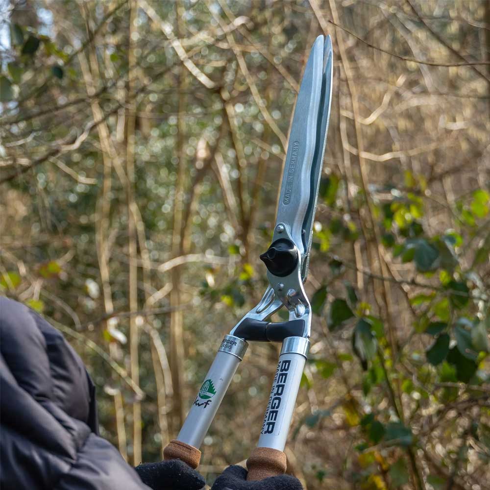 Now in Australia through Cannings: Berger German-made hedge shears with cork handles. 61cm long with 24cm wavy forged blades, shock absorbers, and sap grooves for clean, precise trimming. 4