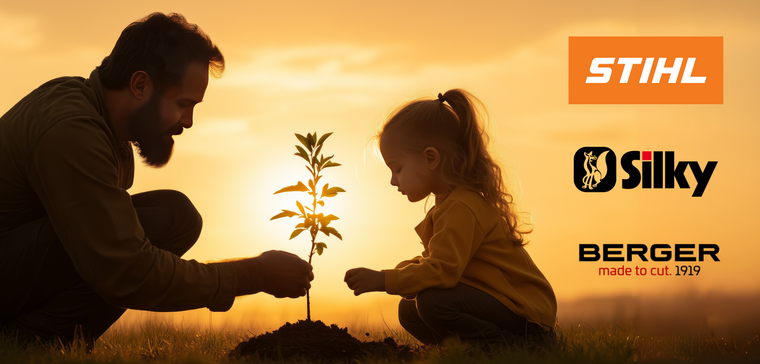 Man and child planting a tree with Stihl, Silky, and Berger logos in the background. For the Men who do. Father's Day 2025