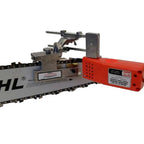Granberg G1012XT 12V bar-mounted chainsaw sharpener for precise chain sharpening and depth-gauge lowering. Suitable for cross-cut, ripping and skip-tooth chains. Available from Cannings. Demonstrated on STIHL chainsaw