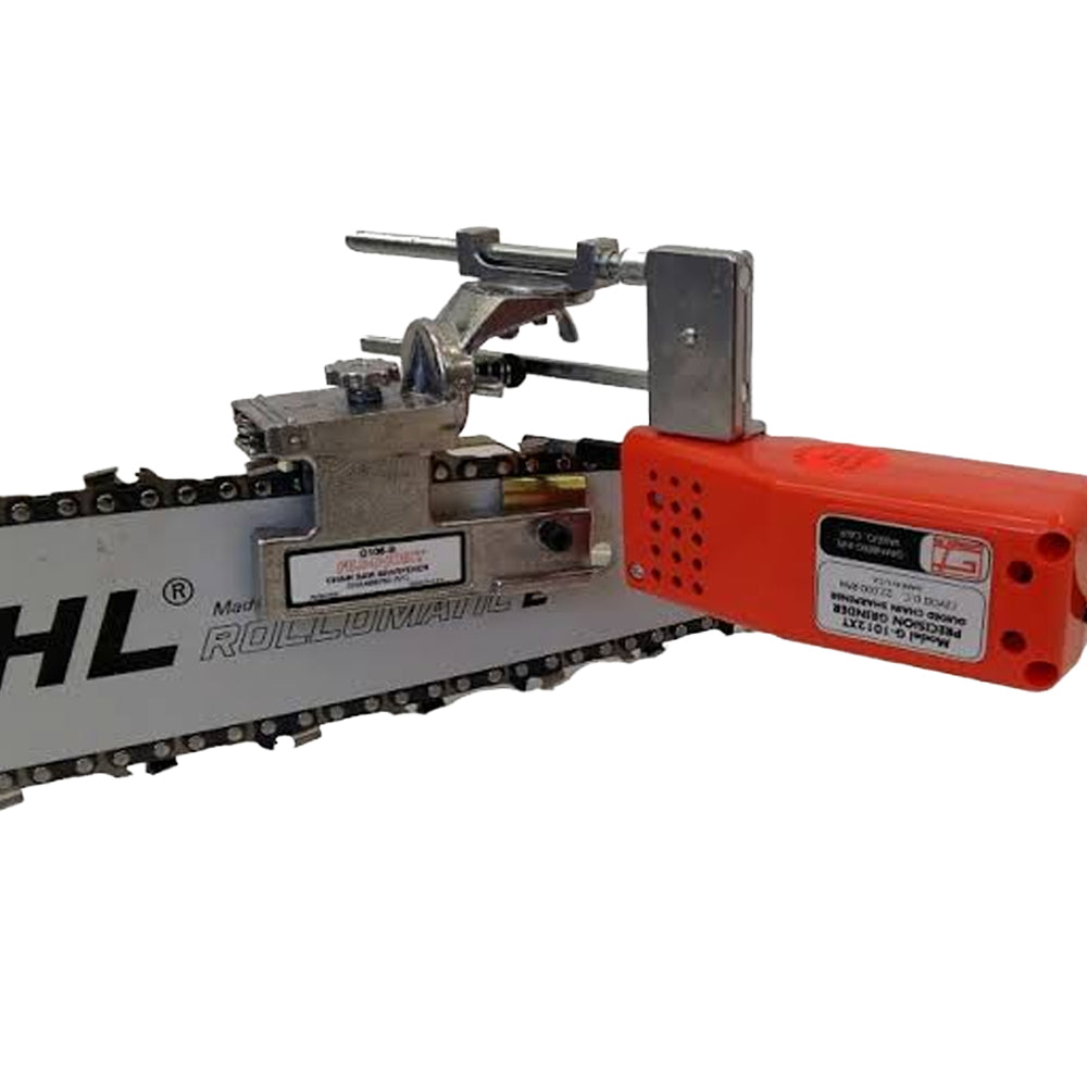 Granberg G1012XT 12V bar-mounted chainsaw sharpener for precise chain sharpening and depth-gauge lowering. Suitable for cross-cut, ripping and skip-tooth chains. Available from Cannings. Demonstrated on STIHL chainsaw