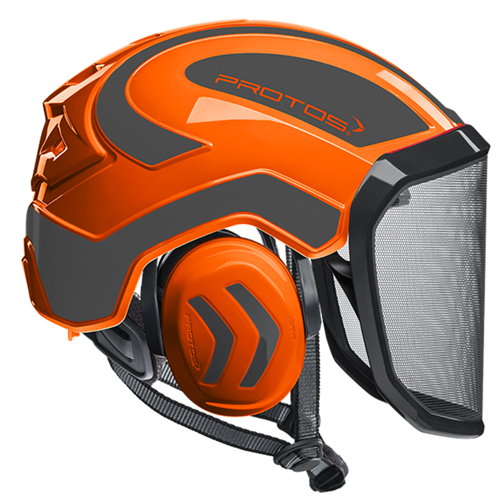 The PROTOS Integral Arborist Helmet combines integrated hearing, face, and head protection in a single professional climbing helmet. Available from Cannings, specialists in arborist, landscaping and gardening equipment. Orange-Grey