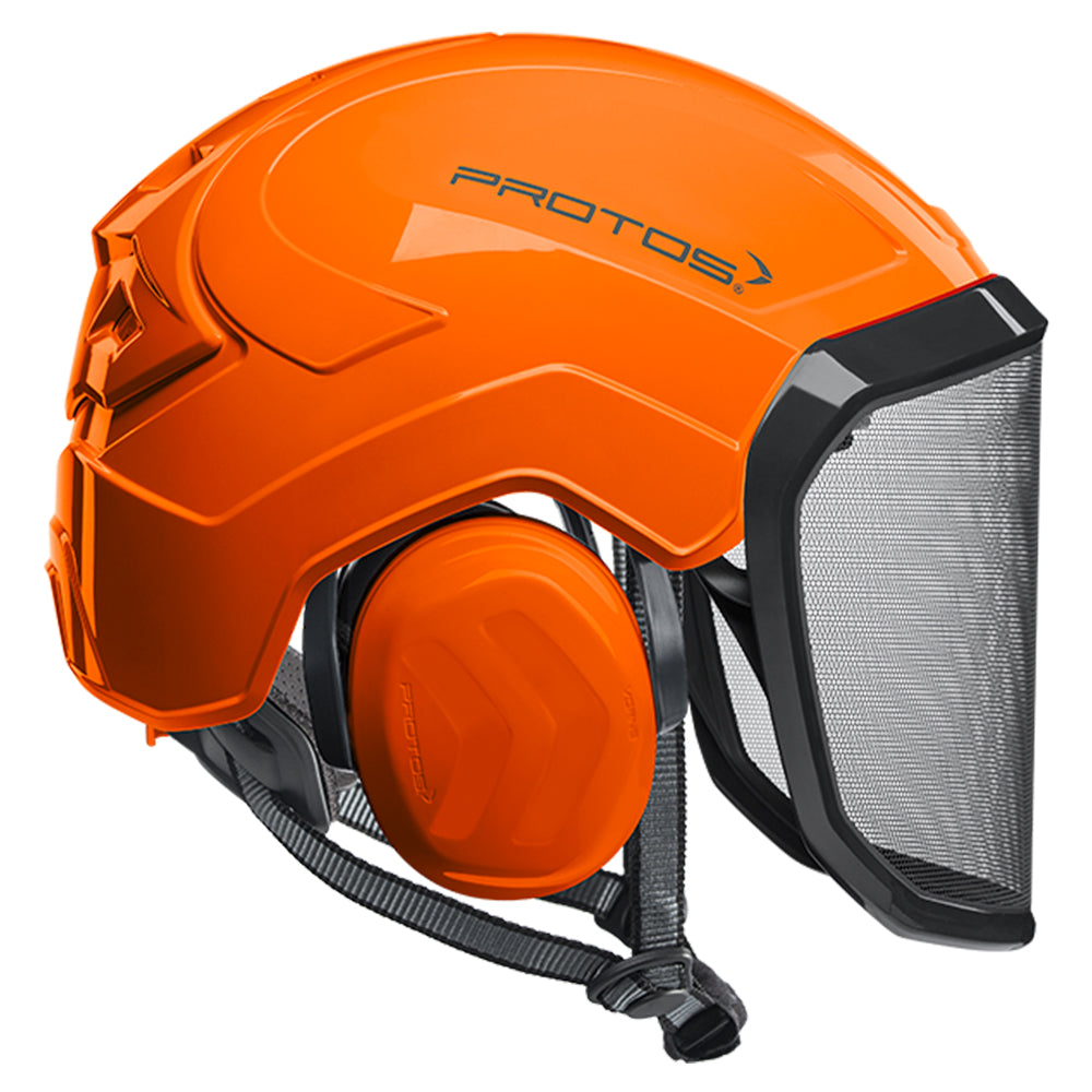 The PROTOS Integral Arborist Helmet combines integrated hearing, face, and head protection in a single professional climbing helmet. Available from Cannings, specialists in arborist, landscaping and gardening equipment. Orange