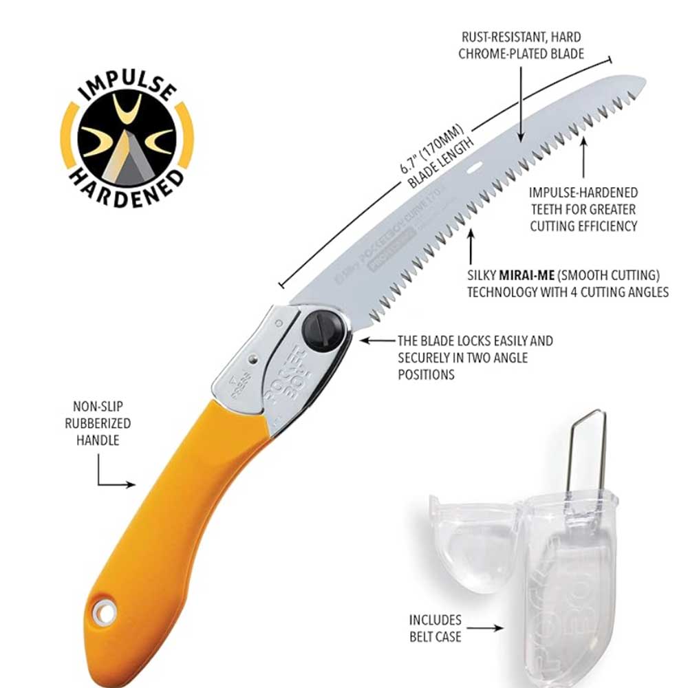 With a longer curved blade, the Silky PocketBoy Curve 170mm folding saw powers through larger branches with ease. Medium-tooth, razor-sharp, and compact enough for any pack or toolbox. Buy online at Cannings. infographic
