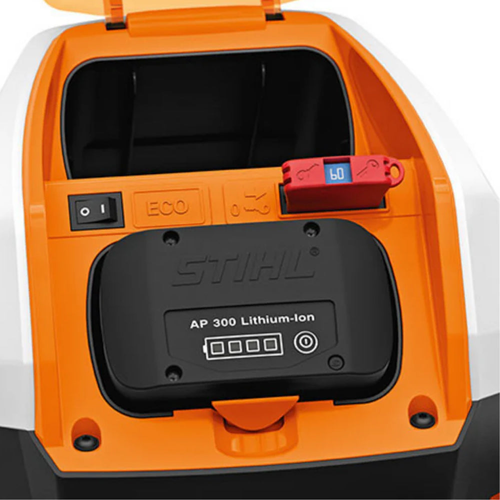 battery within STIHL RMA 510 Battery Lawn Mower AP System available at Cannings. A quiet, high-performance battery mower for medium to large lawns and professional outdoor maintenance.